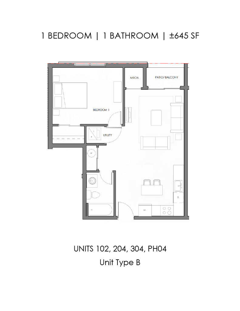 1 bedroom, 1 bathroom 645 square feet floor plan